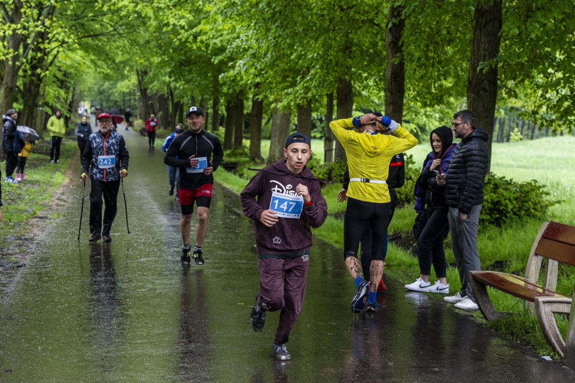 Biegacze i uczestnicy marszu Nordic Walking na mokrej alei w Parku Powstańców
