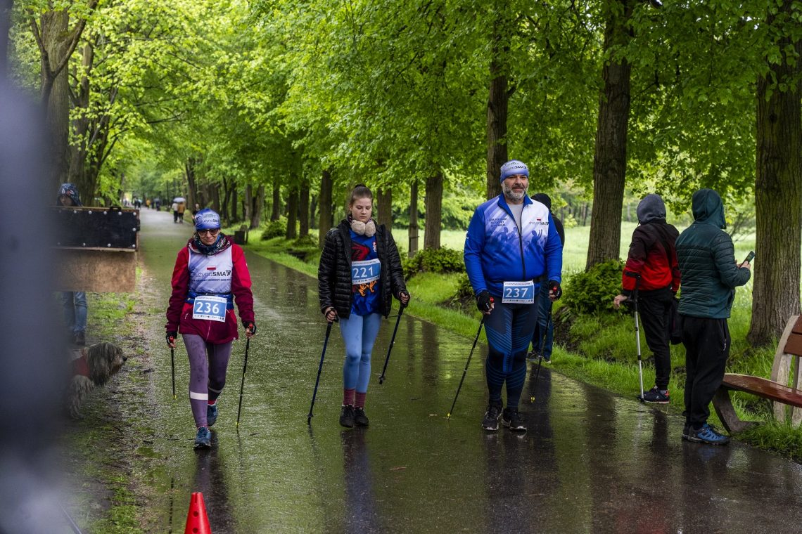 Uczestnicy marszu Nordic Walking z kijkami idą aleją wśród zielonych drzew