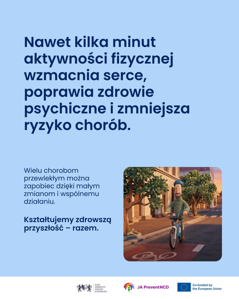 Plakat kampanii o aktywności fizycznej: mężczyzna jedzie rowerem ścieżką rowerową