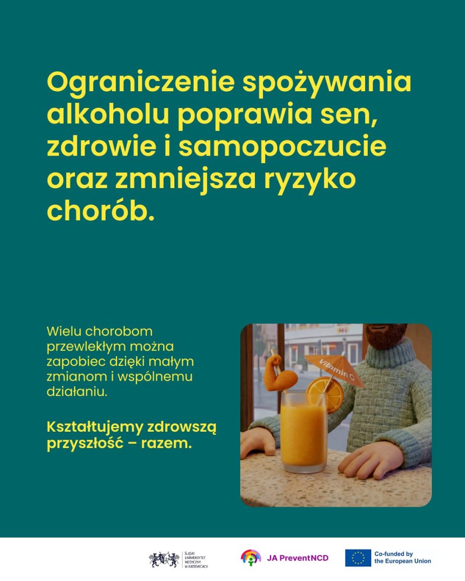 Plakat kampanii o alkoholu: szklanka soku pomarańczowego na stole