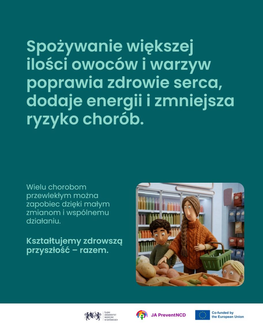 Plakat kampanii o odżywianiu: mama z synem wybierają warzywa w sklepie