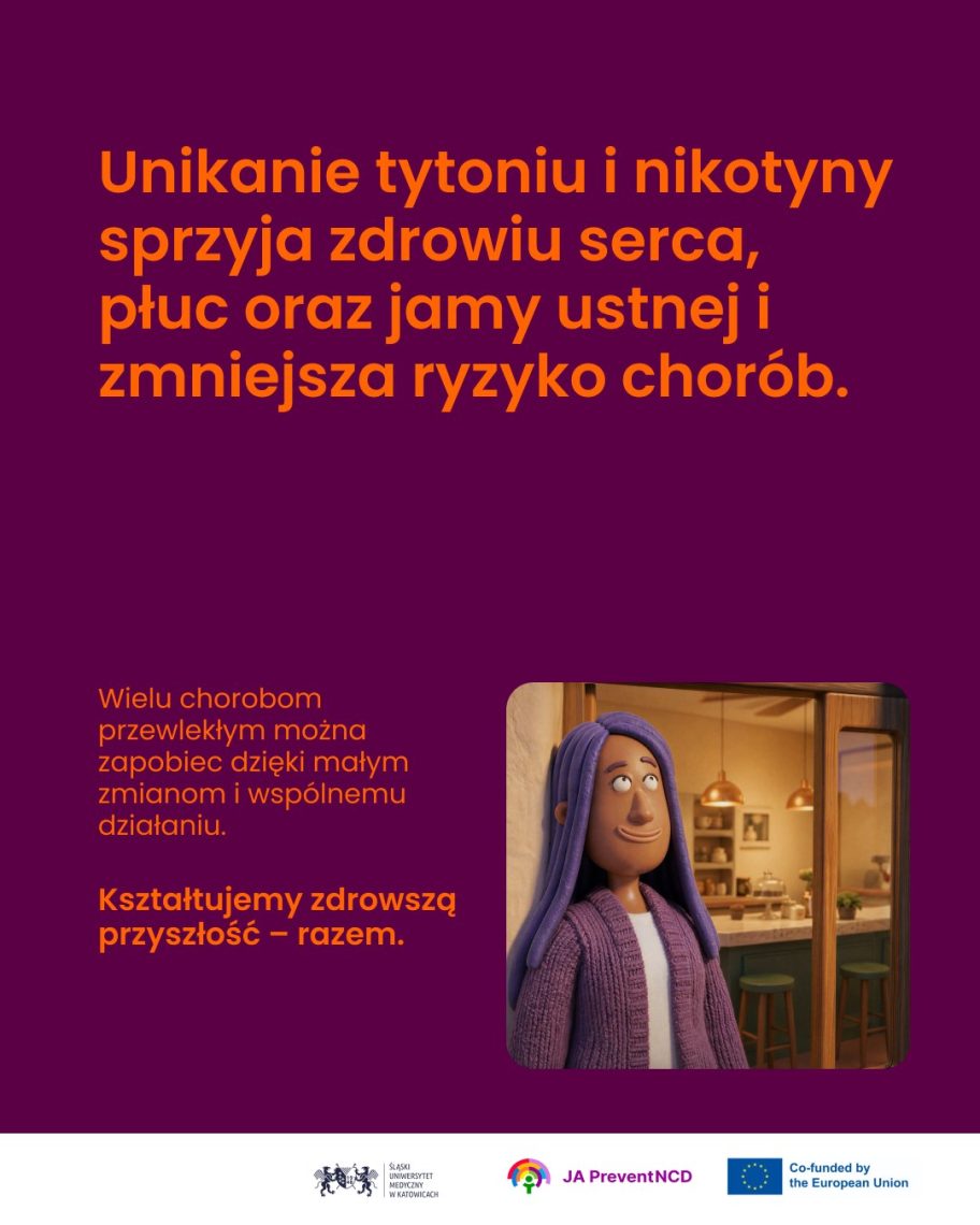 Plakat kampanii o tytoniu: uśmiechnięta kobieta o fioletowych włosach w kawiarni