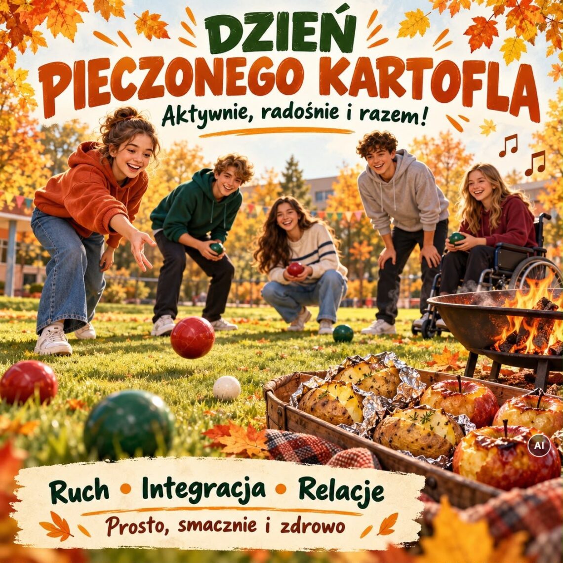 Plakat „Dzień Pieczonego Kartofla. Aktywnie, radośnie i razem!”, ilustracja wygenerowana przez AI